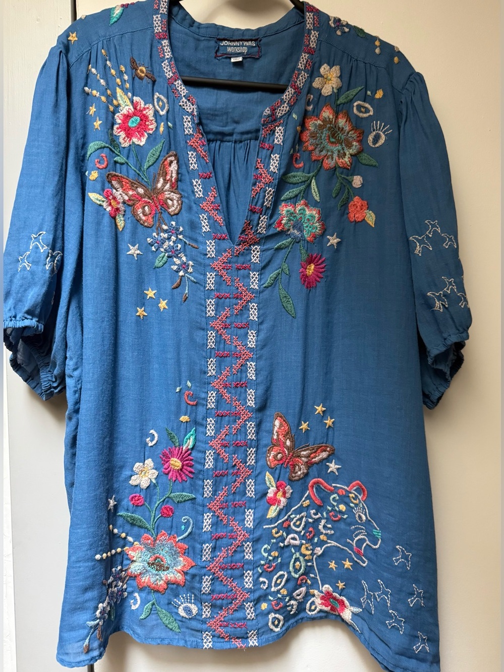 Johnny Was Blue Embroidered V-Neck Women's Top